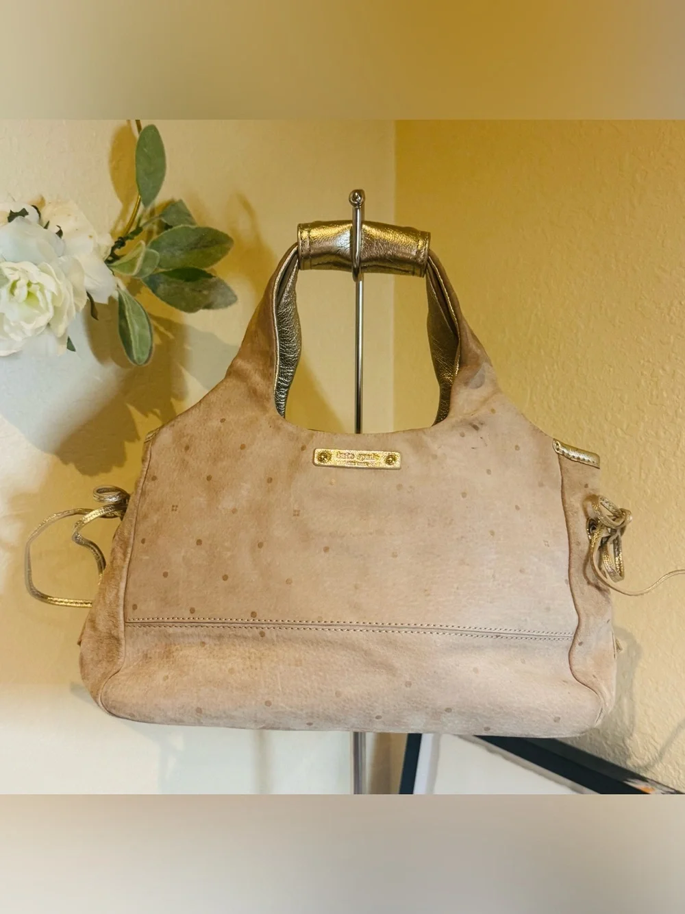 Kate Spade Beige Suede Tote Handbag - Gold Accents